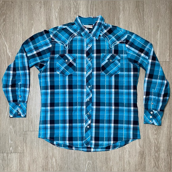 Roper Other - ROPER Shirt Blue Western Pearl Snap Plaid Embroidered Rodeo Cowboy Men’s Size XL